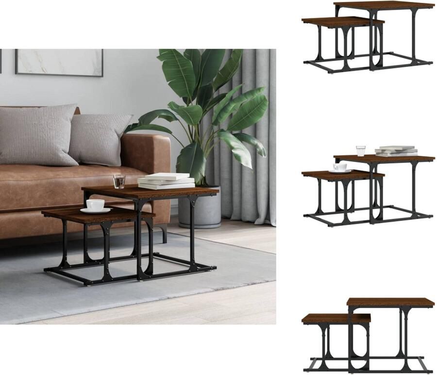 VidaXL Nesttafel Nesttafels Bijzettafel Banktafel 2-delige Tafeltjesset bewerkt hout bruin eikenkleur