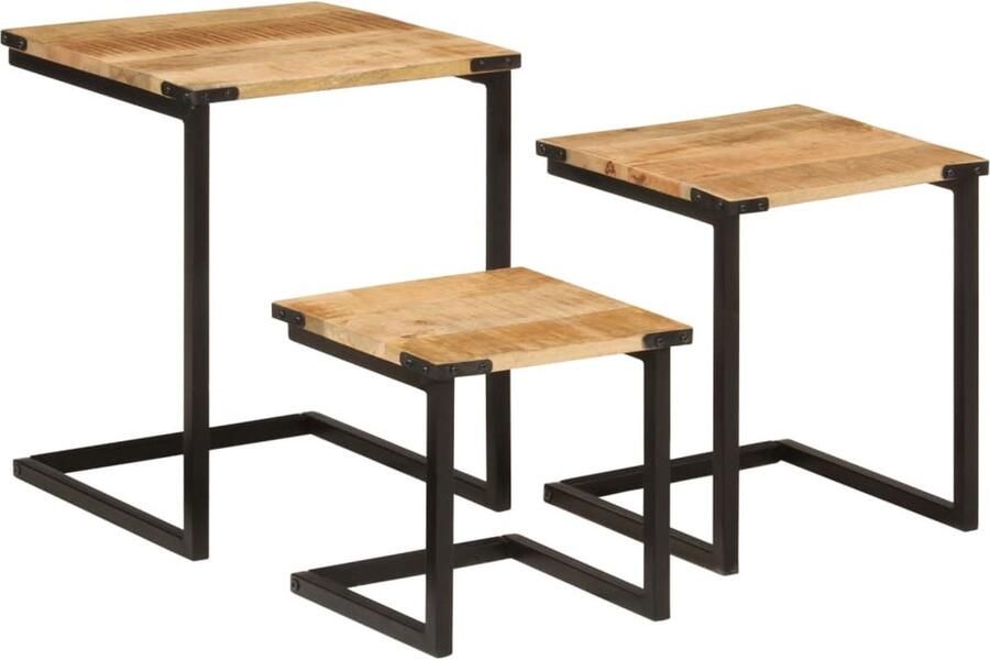VidaXL Nesttafel Nesttafels Bijzettafel Banktafel 3-delige Salontafelset massief mangohout en ijzer