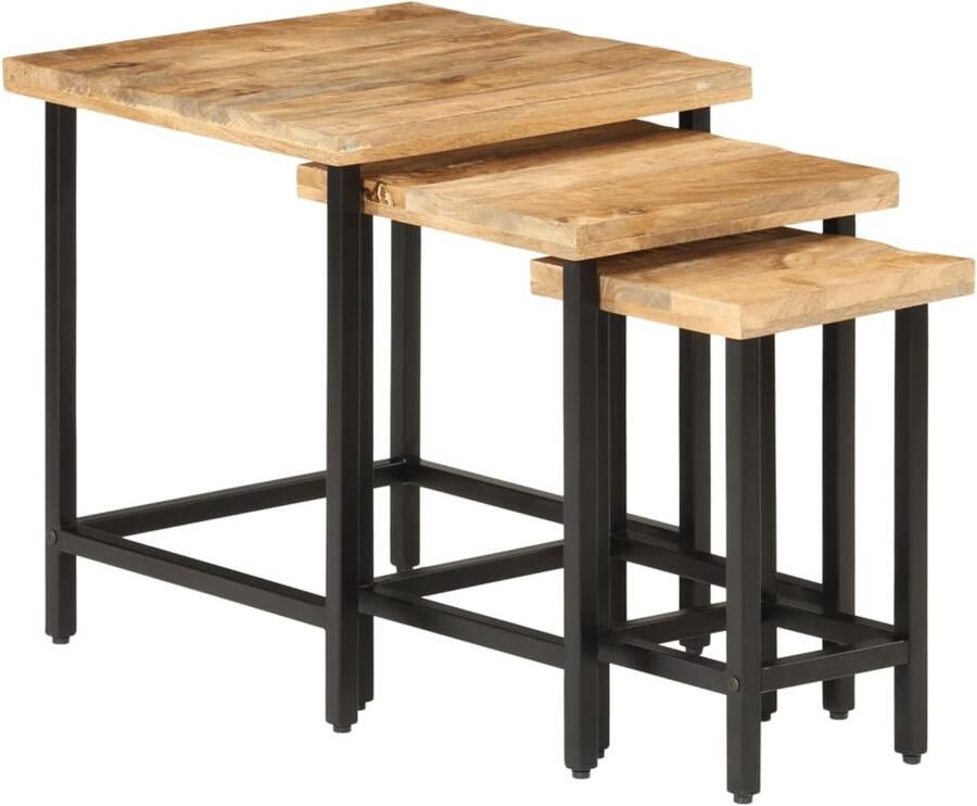 VidaXL Nesttafel Nesttafels Bijzettafel Banktafel 3-delige Salontafelset massief ruw mangohout en ijzer - Foto 2