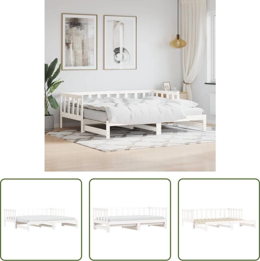 The Living Store Slaapbank Onderschuifbed Massief grenenhout Lattenbodem Uitschuifbaar Wit 203.5 x 184 x 66 cm Slaapbank Onderschuifbed Massief Hout Grenenhout Wit - Foto 2