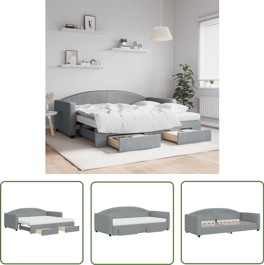 The Living Store Slaapbank met onderschuifbed en lades 90x190 cm stof lichtgrijs Slaapbank Onderschuifbed Tweepersoonsbed Sofa Bed Multifunctioneel Meubilair