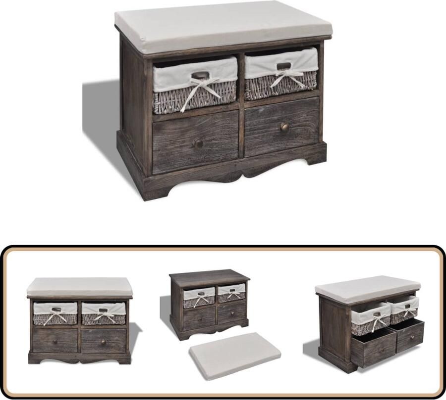 VidaXL Opbergbank 62x33x42 cm Bruin Met Kussen Opslagbanken Landelijke Meubels Bruine Bank Kast Met Zitplaats Multifunctionele Bank