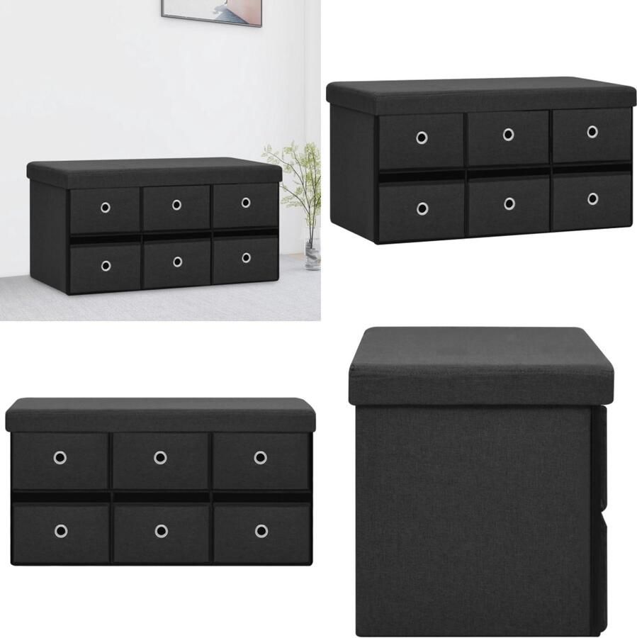 VidaXL Opbergbank inklapbaar 76x38x38 cm kunstlinnen zwart Opbergbank Opbergbanken Bankje Halbank