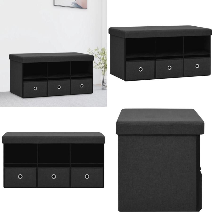 The Living Store Opbergbank inklapbaar 76x38x38 cm kunstlinnen zwart Opbergbank Halbank Banksysteem Multifunctionele Meubels Zithoek - Foto 2