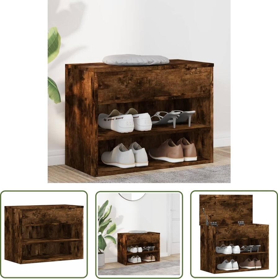 The Living Store Opbergbank Gerookt Eiken Schoenenbank met Schappen en Kist 60 x 30 x 45 cm Bewerkt Hout Schoenenbank Opbergbank Schoenuitschuifkast Houten Bank Bruine Bank - Foto 2