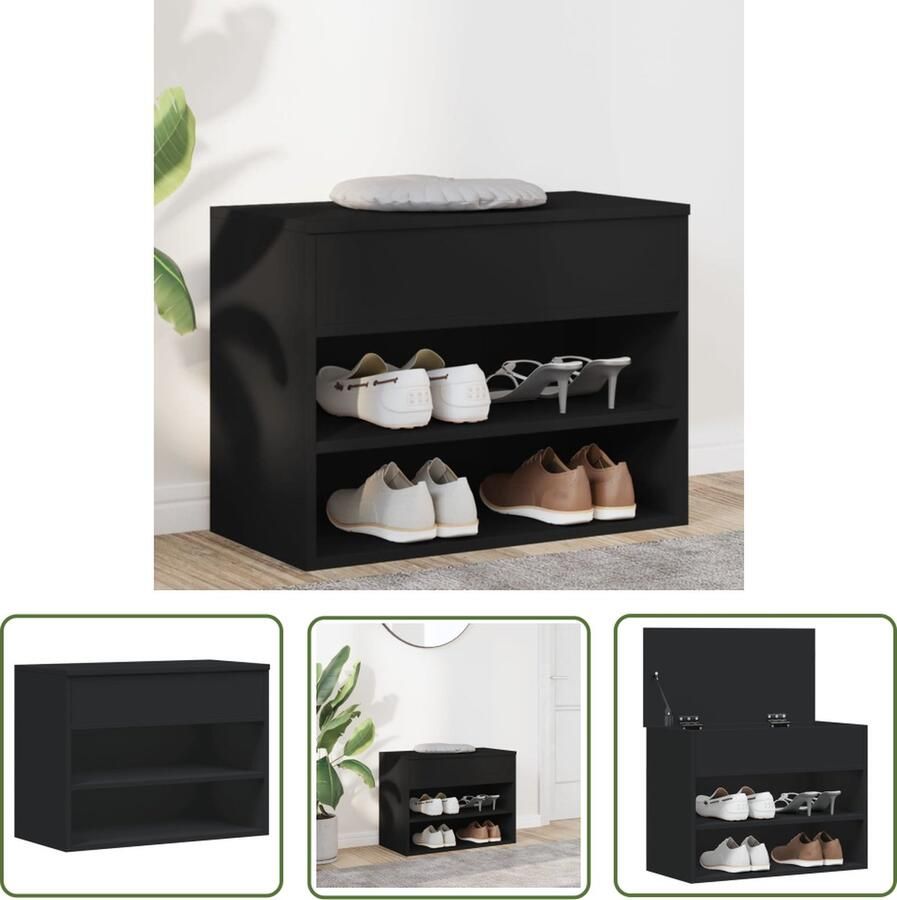 The Living Store Opbergbank Trendy Schoenenkast + Opbergruimte Zwart 60x30x45 cm Schoenenbank Opbergbank Houten Bank Zwarte Bank Schoenenkasten - Foto 2