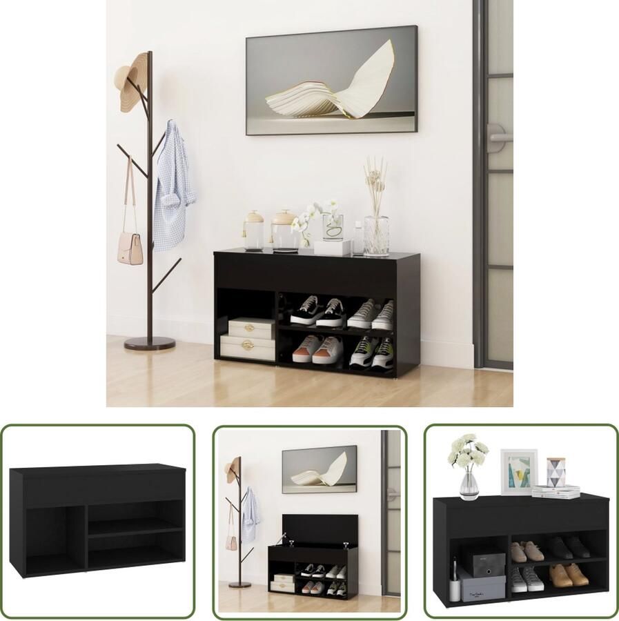 The Living Store Schoenenbank 80x30x45 cm bewerkt hout zwart Schoenenbank Opbergbank Meubilair Kastje Bergruimte - Foto 2
