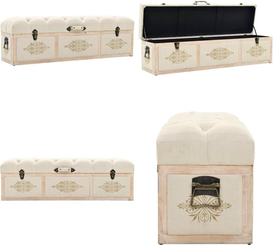 VidaXL Opbergbankje 110 cm massief vurenhout en stof crèmekleurig Opbergbank Opbergbanken Opslagbankje Opbergkist