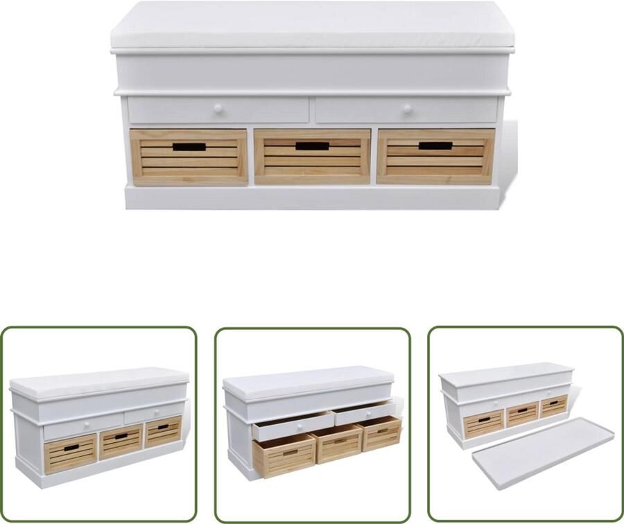 VidaXL Opbergbankje Wit 2 Lades en 3 Kratten Opbergbank Bankje Halbank Houten Bank Witte Bank Opbergruimte Kastjes Laden Decoratief Meubilair Woonaccessoires Scandinavische Stijl Basic Style