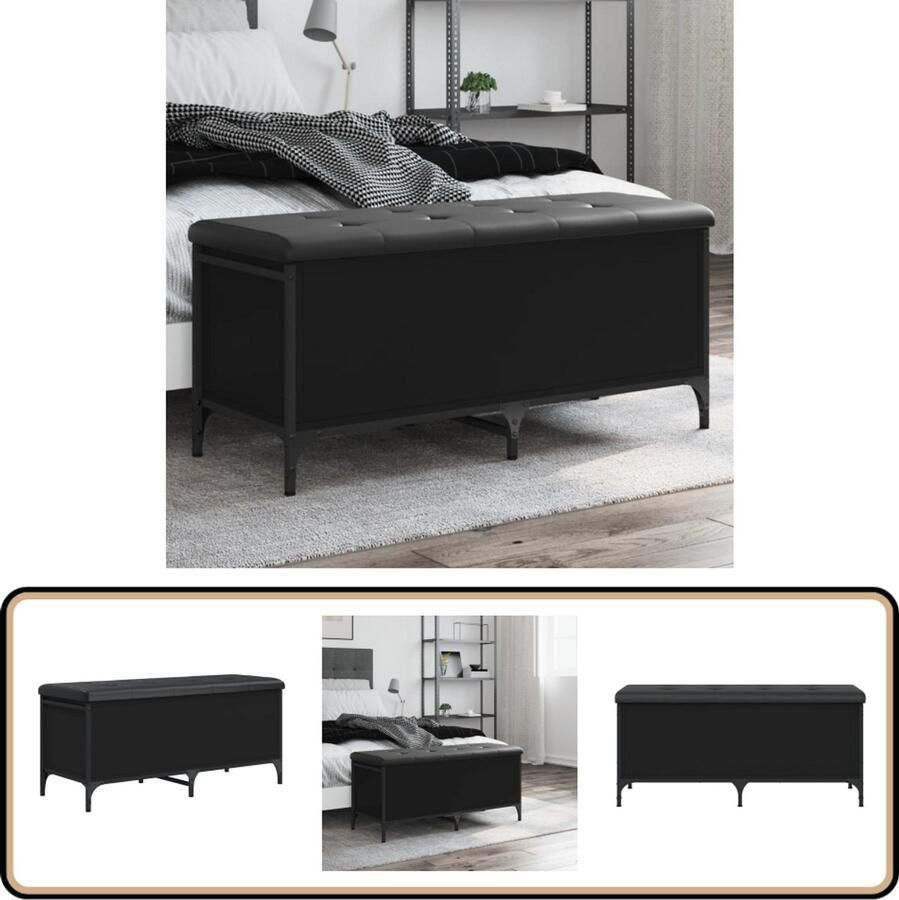 VidaXL Opbergbankje Zwart 102x42x45 cm Opbergbank Gangbank Zwarte Bank Houten Bank Metalen Bank Zitbank Decoratiebank Multifunctionele Bank