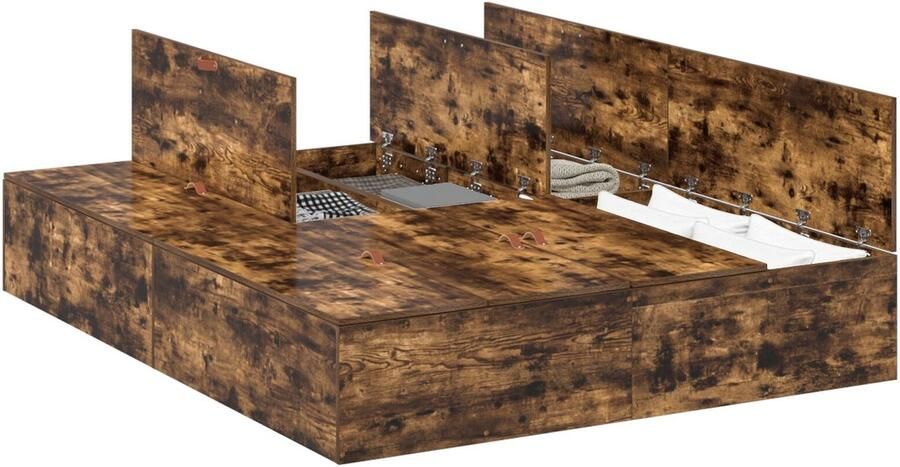 VidaXL Bedframe met opslag Gerookt eiken 135 x 190 cm Bewerkt hout - Foto 3