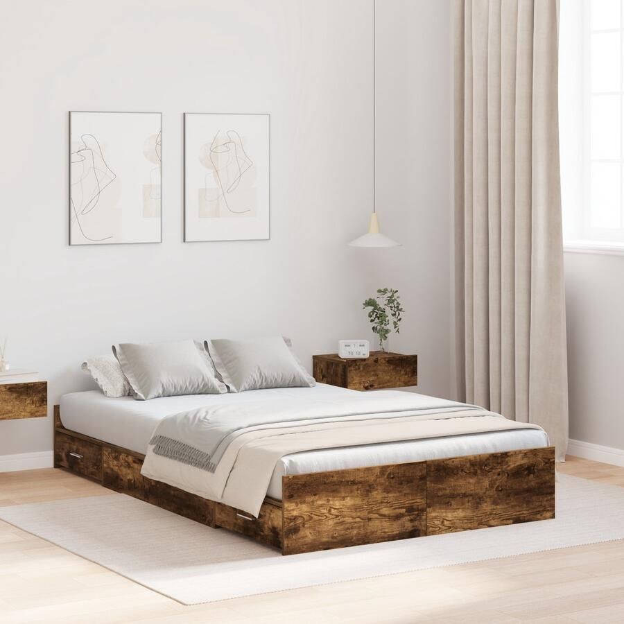 VidaXL Opbergbedframe met lade met hoofdeinde met opslag Gerookt eiken 120 x 190 cm Hout - Foto 2