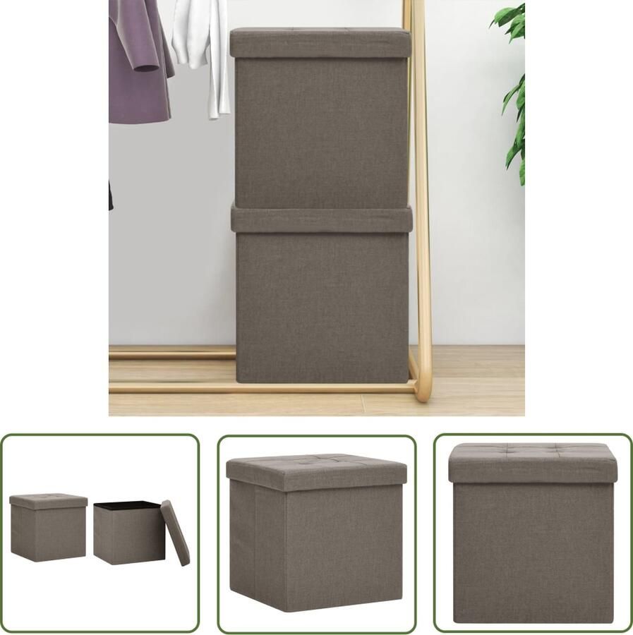 The Living Store Opbergkrukken inklapbaar 2 st kunstlinnen taupe Opbergkruk Opbergbox Stoffen Opbergkruk Taupecrukken Vouwkruk - Foto 2