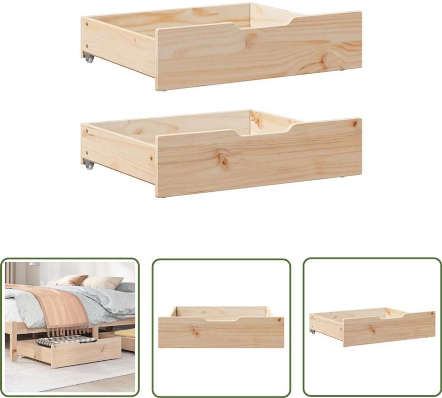The Living Store Bedlades 2 st met wieltjes 75x55x16 cm massief grenenhout Bedladekasten Opbergboxen Houten Laden Slaapkamerspullen Onderbedopslag