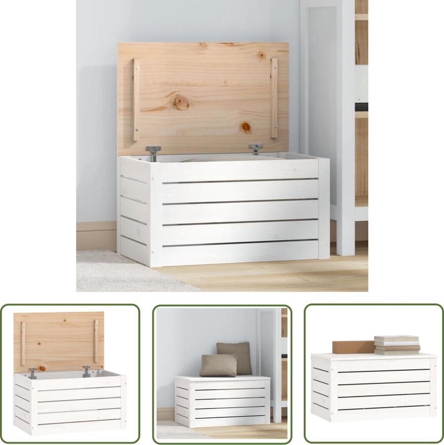 The Living Store Opbergdoos Massief Grenenhout 59.5 x 36.5 x 33 cm Wit Opslagbox Opbergdozen Kast Opberger Hout - Foto 2