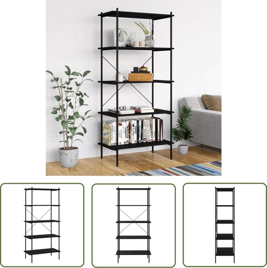 The Living Store Opbergrek Staal en bewerkt hout 80x40x163cm Zwart Montage vereist Opslagrek Opberger Bibliotheek Metalen Kast Houten Kast - Foto 2