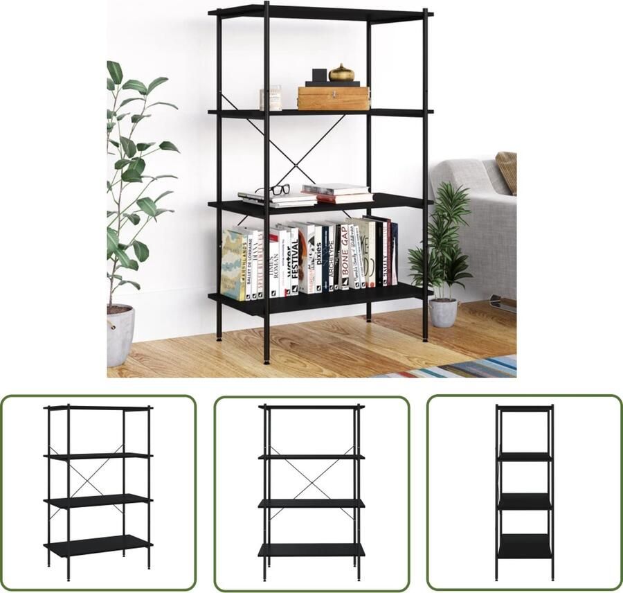 The Living Store Opbergrek 80 x 40 x 130 cm Zwart Staal en Bewerkt Hout Montage vereist Opslagruimte Opbergerek Boekenrek Woonaccessoires Metalen Kast - Foto 2