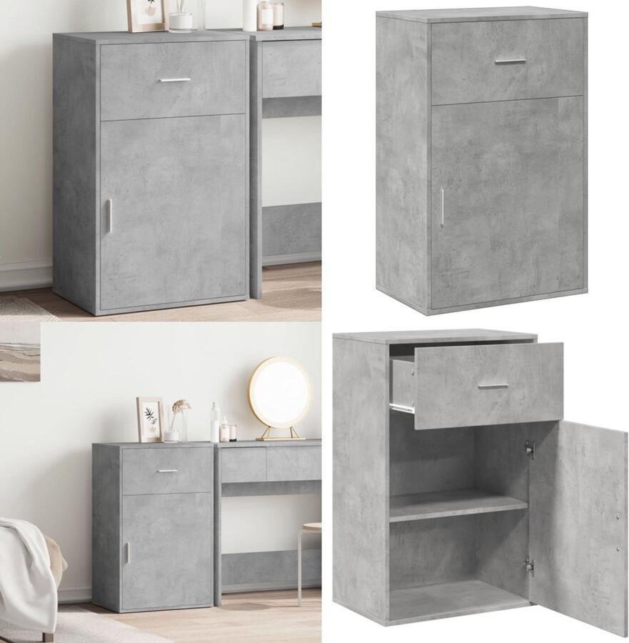 The Living Store Opbergkast 56 5x39x90 cm bewerkt hout betongrijs Houten Opbergkast Bijzetkast Opbergvakken Lades Betongrijs - Foto 3