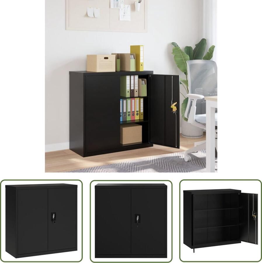 The Living Store Archiefkast Zwart Gepoedercoat Staal 90 x 40 x 90 cm 2 Verstelbare Schappen Archiefkaartje Opbergkast Kantoormeubel Metalen Kast Zwarte Kast