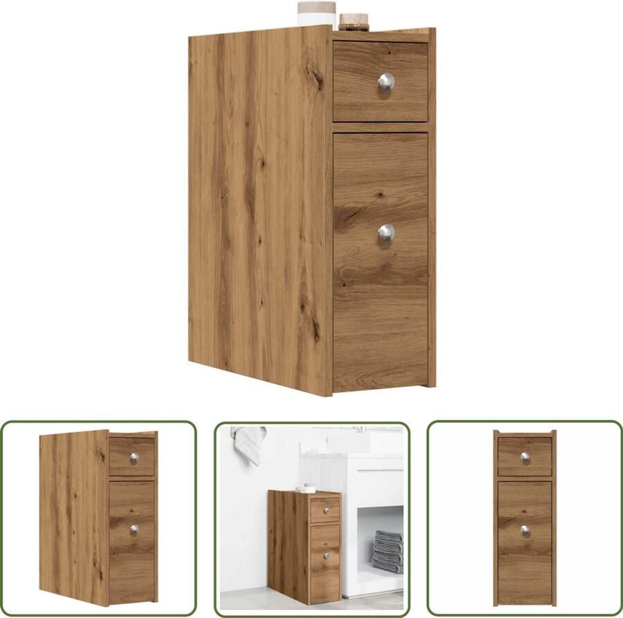 The Living Store Badkamerkast smal met wielen bewerkt hout artisanaal eikenkleur Badkamerkast Opbergkast Houten Kast Slimme Opslag Badkamer Accessoires