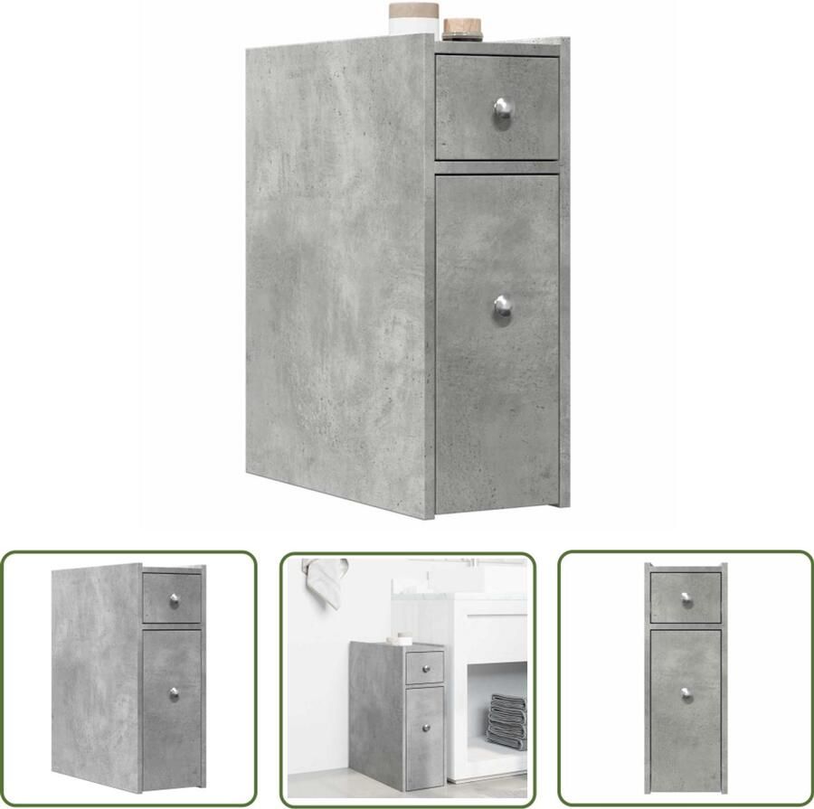 The Living Store Badkamerkast smal met wielen bewerkt hout betongrijs Badkamerkast Opbergkast Houten Kast Betongrijs Smalle Kast
