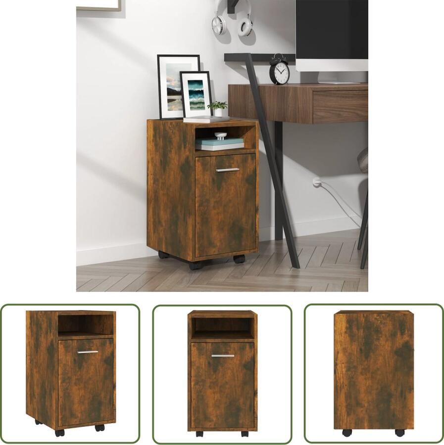 The Living Store Bijzetkast met wielen 33x38x60 cm bewerkt hout gerookt eiken Bijzetkast Opbergkast Houten Kast Roestvrijstalen Kast Salontafel - Foto 3