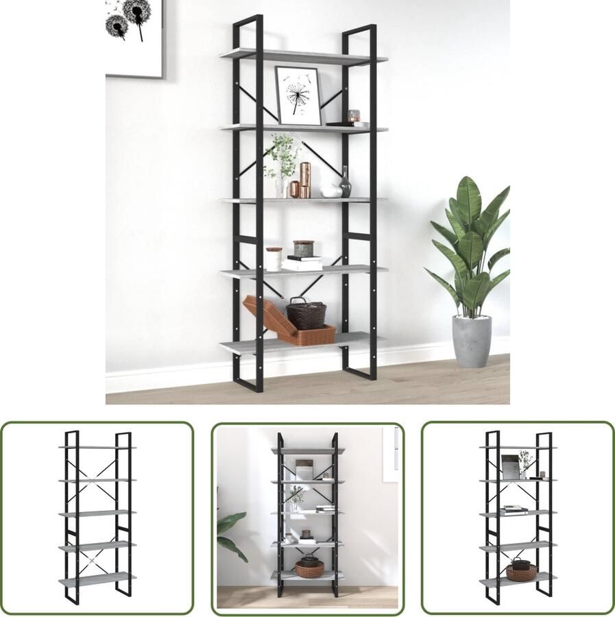 The Living Store Boekenkast Grijs Sonoma Eiken Opbergkast 5 Schappen Stabiel Bewerkt Hout en Metaal 80x30x175 cm Boekenkast Opbergkast Houten Boekenkast Grijze Boekenkast Design Boekenkast - Foto 2
