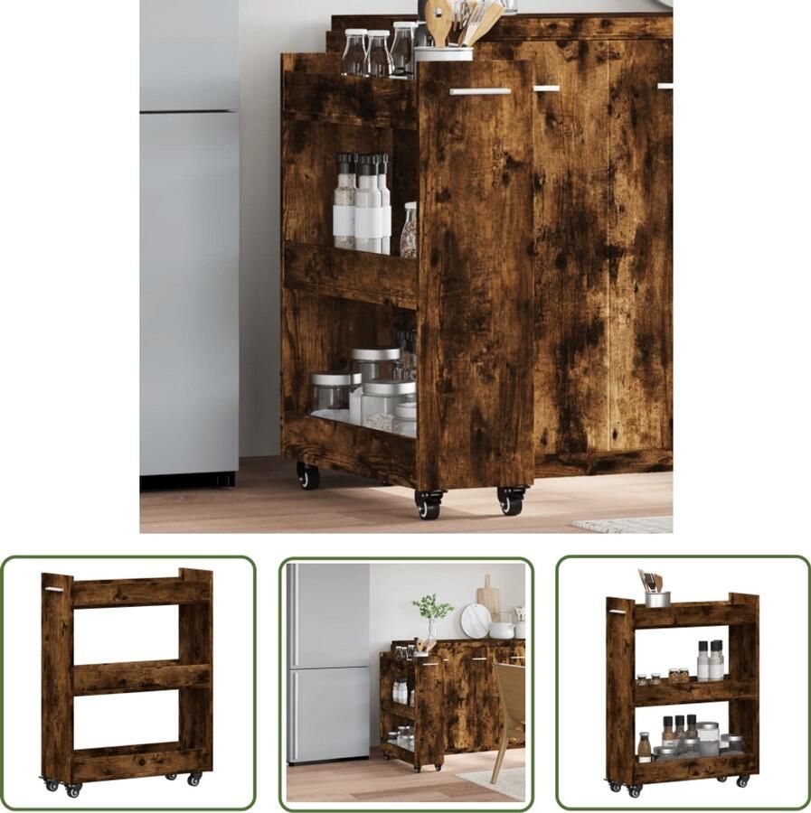 The Living Store Kast met wieltjes 60x22x79 bewerkt hout gerookt eikenkleurig Dressoir Opbergkast Houten Kast Vintage Kast Landelijk Design
