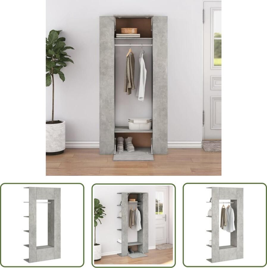 The Living Store Gangkasten Betongrijs 97.5 x 37 x 99 cm duurzaam hout veel opbergruimte Gangkast Opbergkast Beton Grijs Houten Kast Entreehal - Foto 2