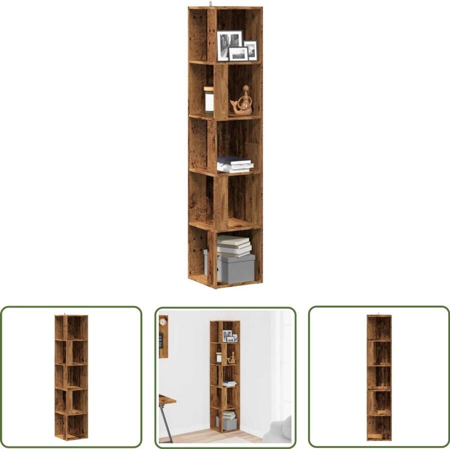 The Living Store Hoekkast 33x33x165 cm bewerkt hout oud houtkleurig Hoekkast Opbergkast Houten Kast Vintage Kast Bibliotheekkast