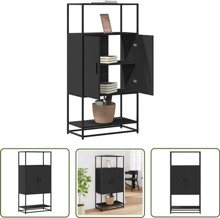 The Living Store Hoge kast 68x35x139 cm bewerkt hout en metaal zwart Hoge Kast Opslagkast Houten Kast Metalen Kast Zwarte Kast