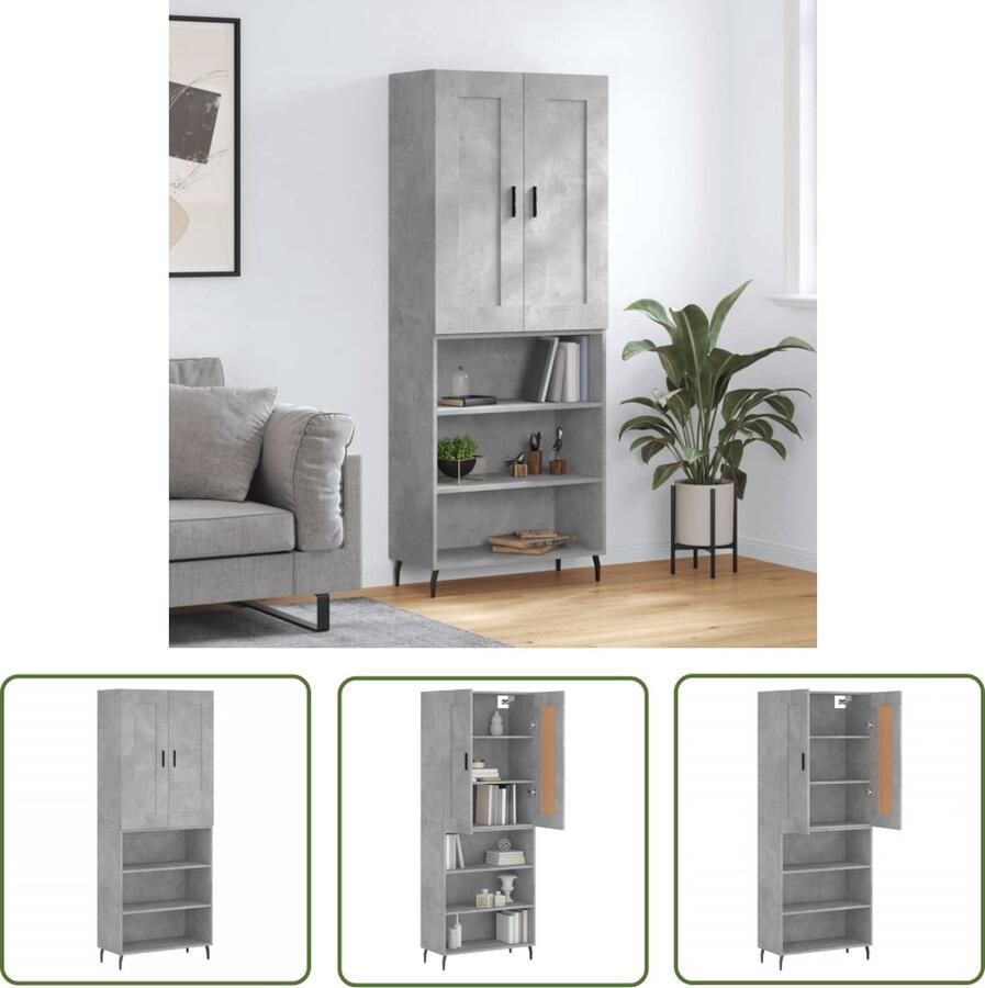 The Living Store Hoge kast 69 5x34x180 cm bewerkt hout betongrijs Hoge Kast Betonnen Kast Houten Kast Opbergkast Woonkamer Kast