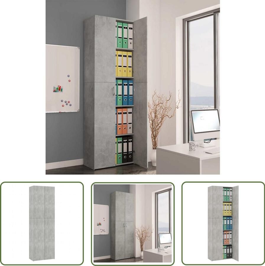 The Living Store Opbergkast Betongrijs 60 x 32 x 190 cm 5 schappen 2 deuren Kantoor Kast Opbergkast Houten Kast Grijze Kast Boekenkast - Foto 2