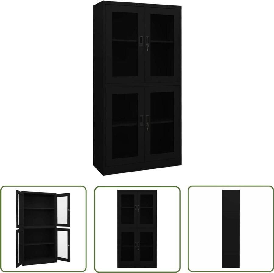 VidaXL Opbergkast Kantoor Kast Kantoorkast 90x40x180 cm staal en gehard glas zwart Metalen Kast Boekenkast Archivak - Foto 2