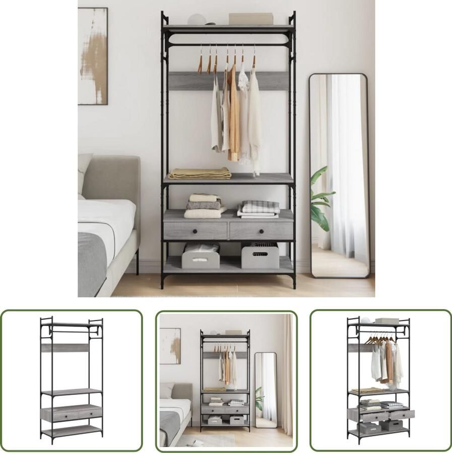 The Living Store Kledingkast met lades 89x39x184 5 cm bewerkt hout grijs sonoma Kledingkast Opbergkast Houten Kledingkast Grijze Kledingkast Vintage Kledingkast