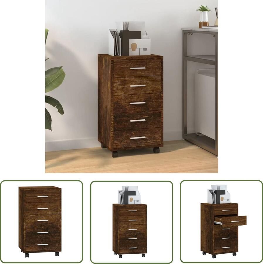 The Living Store Ladeblok Op Wieltjes Ladekast 5-Lades 33x38x63cm Gerookt Eiken Ladeblokje Opbergkast Buro Accessoires Houten Meubels Bruine Meubels - Foto 2