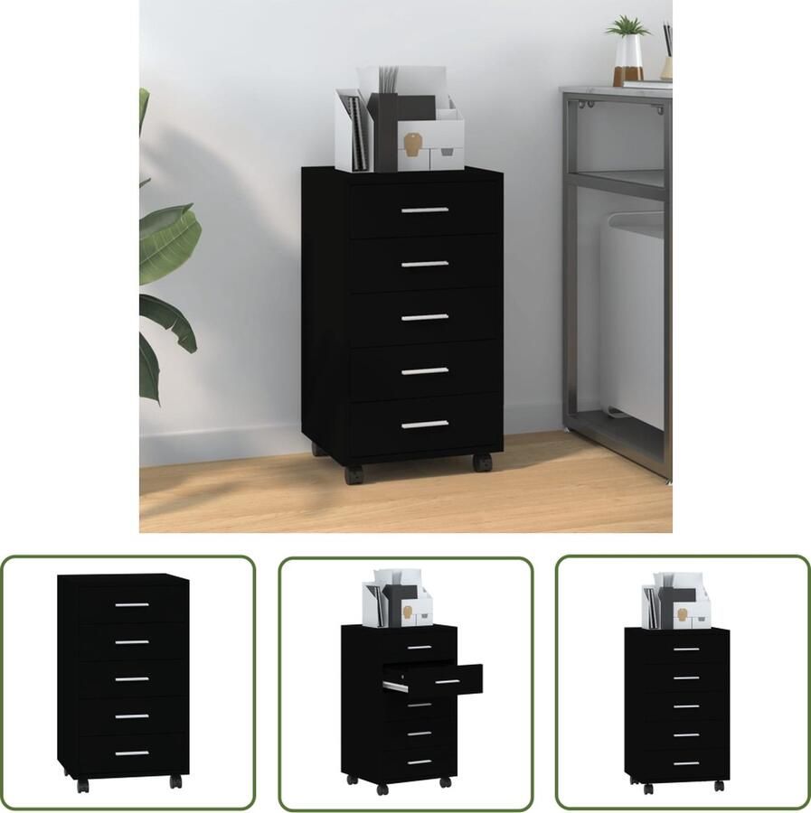 The Living Store Ladeblok Opbergkast 33 x 38 x 63 cm 5 lades zwart hout Ladeblokken Opbergkast Zwarte Kast Houten Kast Kantoormeubilair - Foto 2