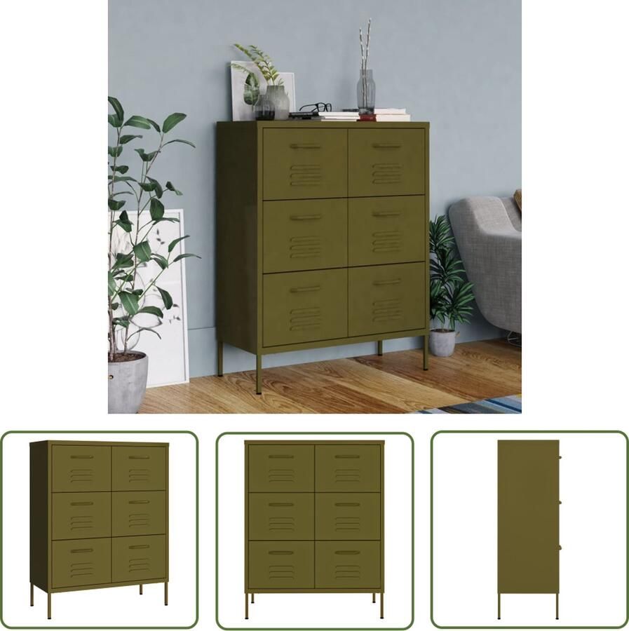 The Living Store Ladekast Olijfgroen Staal 80x35x101.5 cm 6 lades Ladekast Opbergkast Opslagkast Metalen Kast Groene Kast - Foto 2