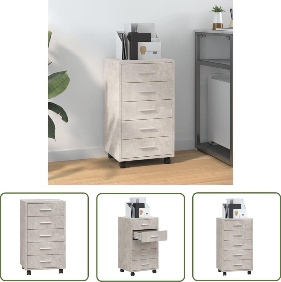 The Living Store Ladekast met wieltjes bewerkt hout betongrijs Ladekast Opbergkast Houten Kast Grijze Kast Bureaublad Accessoires - Foto 2