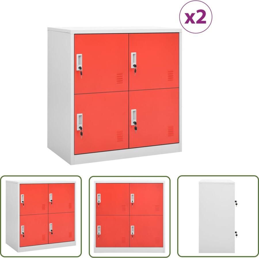 The Living Store Lockerkast 90 x 45 x 92.5 cm Staal Met 4 lockers Lichtgrijs en rood Locker Kast Opbergkast School Locker Kantoor Locker Metalen Locker - Foto 2