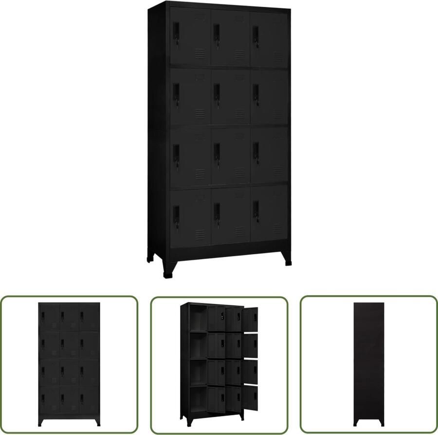 The Living Store Lockerkast 12 deuren 90 x 45 x 180 cm zwart staal Lockerkast Opbergkast Kantooropslag School Lockers Metalen Kast - Foto 2