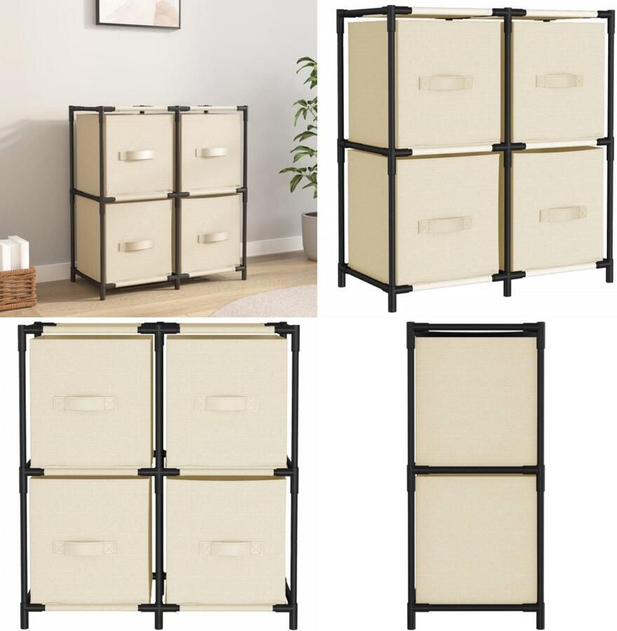 VidaXL Opbergkast met 4 stoffen manden 63x30x71 cm staal crèmekleurig Opbergkast Opbergkasten Opbergrek Opbergmeubel