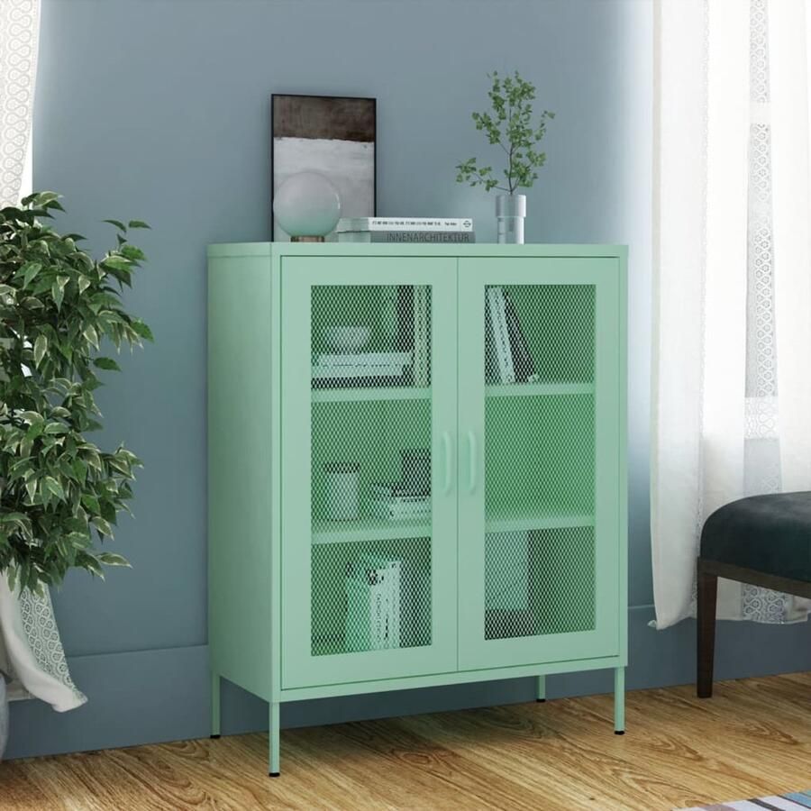 VidaXL Opbergkast Mint Staal 80x35x101 5 cm Bijzettafel Dressoir Side Table Metal Storage Cabinet Staal Kast Groen Kast Opbergruimte Living Room Furniture Industriële Stijl Vintage Look