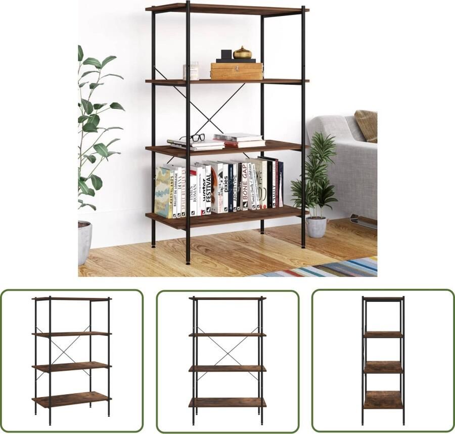 The Living Store Staand Opbergrek Zwart en Donkerhout 80x40x130 cm Stevige Stalen Constructie 15 mm Dik Hout Opslagruimte Opbergkast Boekenrek Woonaccessoires Industrieel Design - Foto 2