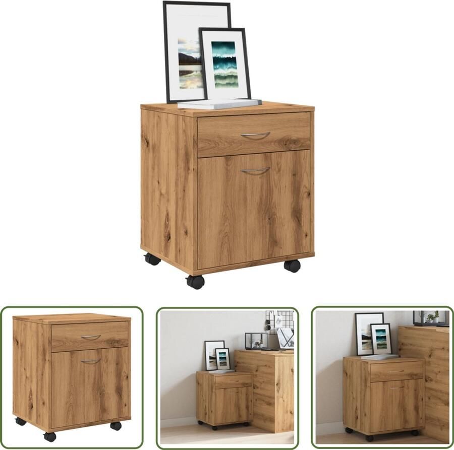 The Living Store Rolkast 45x38x54 cm bewerkt hout artisanaal eikenkleur Rolkast Opbergkast Houten Kast Artisianale Eiken Kleur Beweeglijke Kast