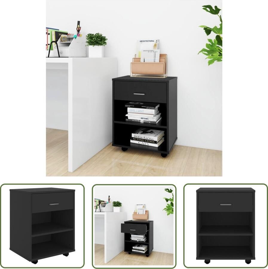 The Living Store Verrijdbare kast Bureau opbergmeubel 46x36x59 cm Zwart spaanplaat Rolkast Opbergkast Bureauspullen Organizer Kantoor Meubilair Houten Kast - Foto 2