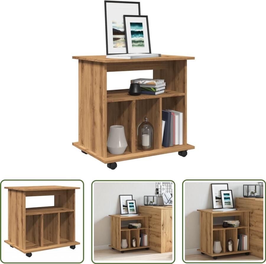 The Living Store Rolkast 60x45x60 cm bewerkt hout artisanaal eikenkleurig Rolkast Opbergkast Houten Kast Salontafel Multifunctionele Kast
