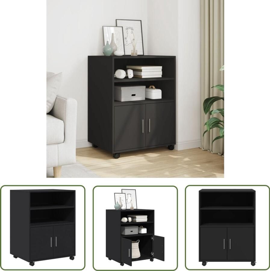 VidaXL Rolkast 60x48x81 cm bewerkt hout zwart Rolkast Opbergkast Houten Kast Kasten Set Bureau Kast