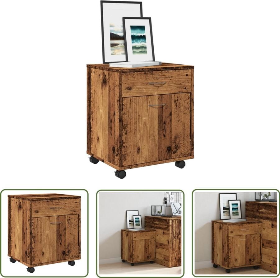 The Living Store Kast verrijdbaar 45x38x54 cm bewerkt hout oud houtkleurig Rolkast Opbergkast Houten Kast Vintage Kast Multifunctionele Kast