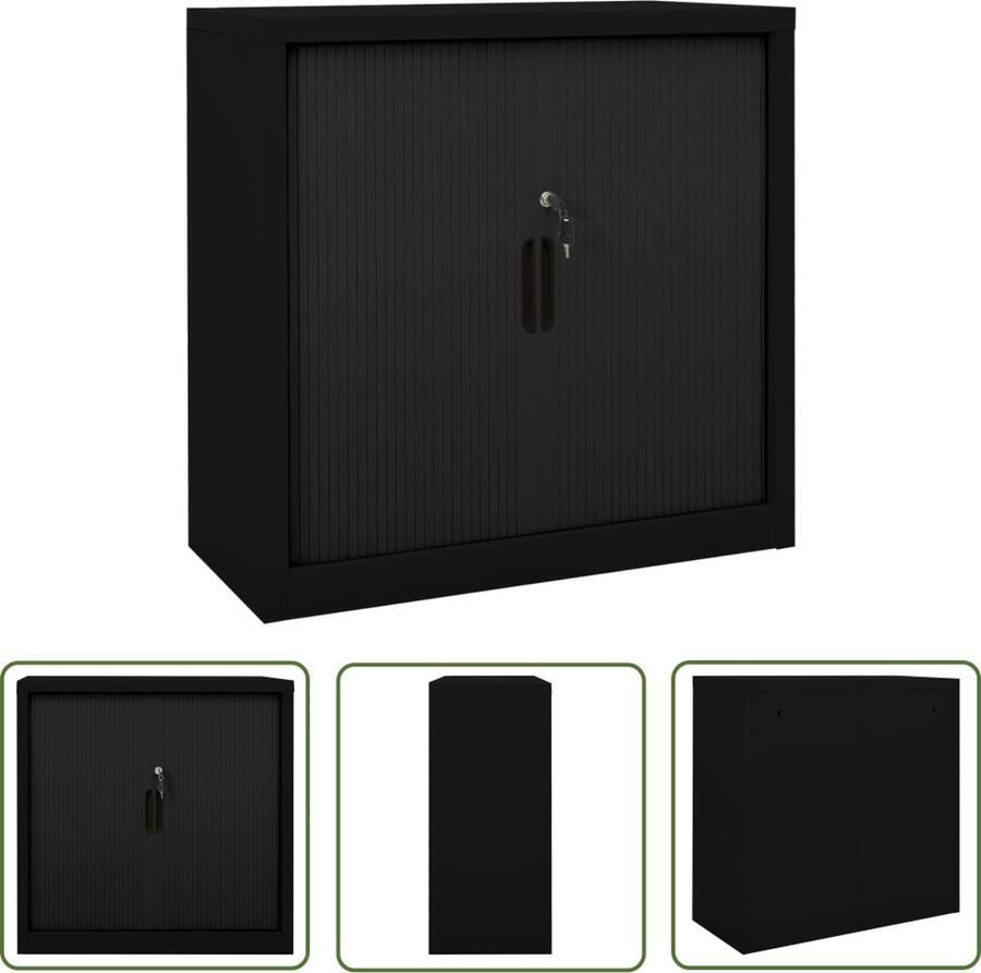 The Living Store Roldeurkast Zwart Staal 90x40x90 cm 2 verstelbare schappen Met slot Rolladeurs Opbergkast Kast Metalen Kast Zwarte Kast - Foto 2